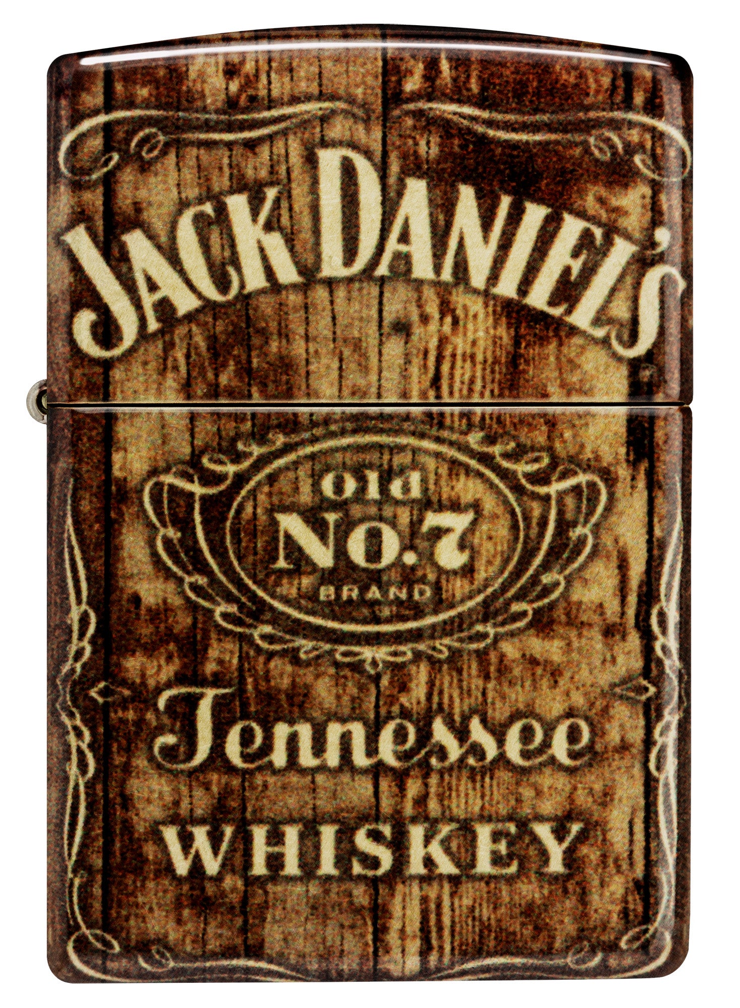 Front view of Zippo Jack Daniel'sÂ® Barrel Design 540 Tumbled Brass Windproof Lighter.