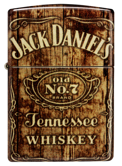 Front view of Zippo Jack Daniel'sÂ® Barrel Design 540 Tumbled Brass Windproof Lighter.
