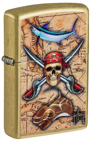 Front view of Zippo Guy Harvey Regular Street Brass Windproof Lighter standing at a 3/4 angle.