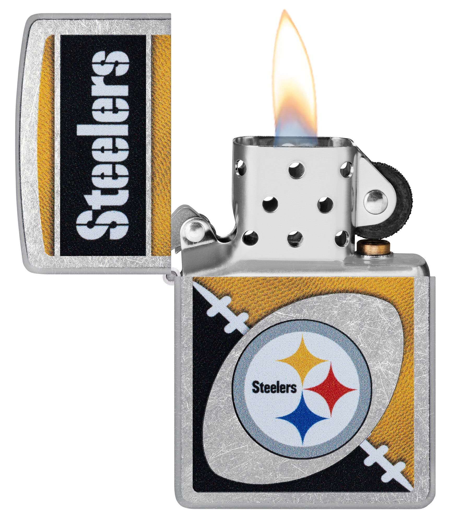 Zippo NFL Pittsburgh Steelers Street Chrome Windproof Lighter with its lid open and lit.