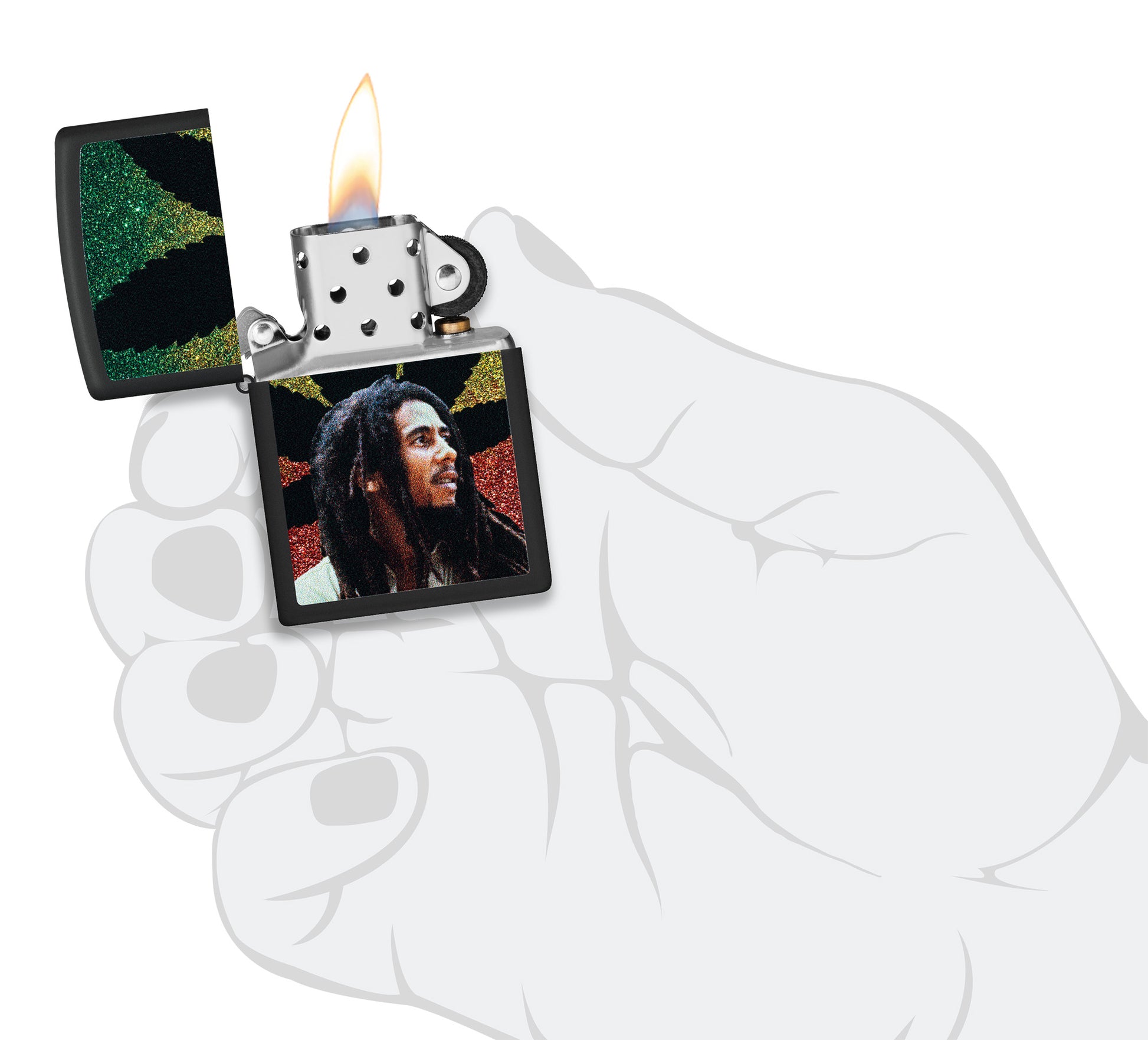 Zippo Bob Marley Cannabis Design Black Matte Windproof Lighter lit in hand.