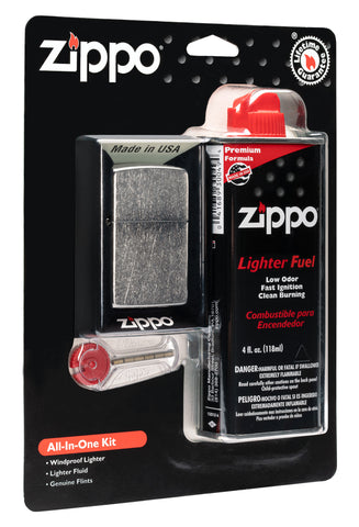 Zippo all-in-one gift set (fuel, flint, lighter) in packaging 3/4 view