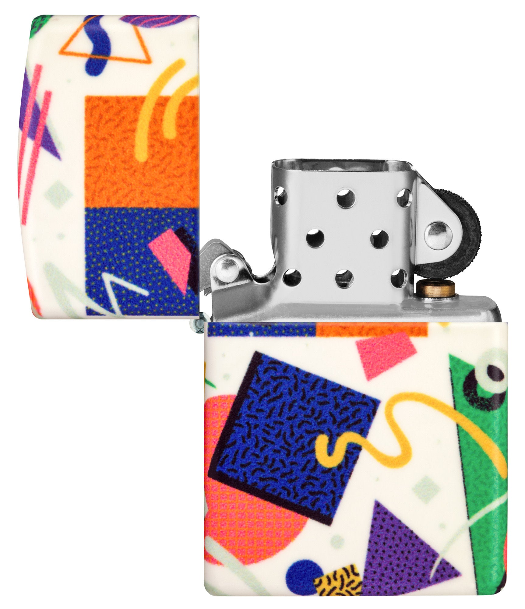 Zippo Throwback Pattern Design 540 Color Glow in the Dark Windproof Lighter with its lid open and unlit.