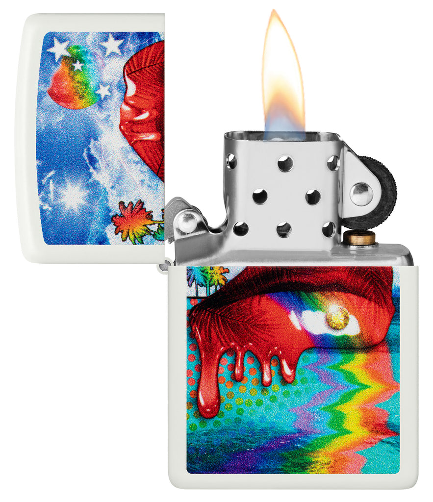 Zippo Lip Fantasy White Matte Windproof Lighter with its lid open and lit.