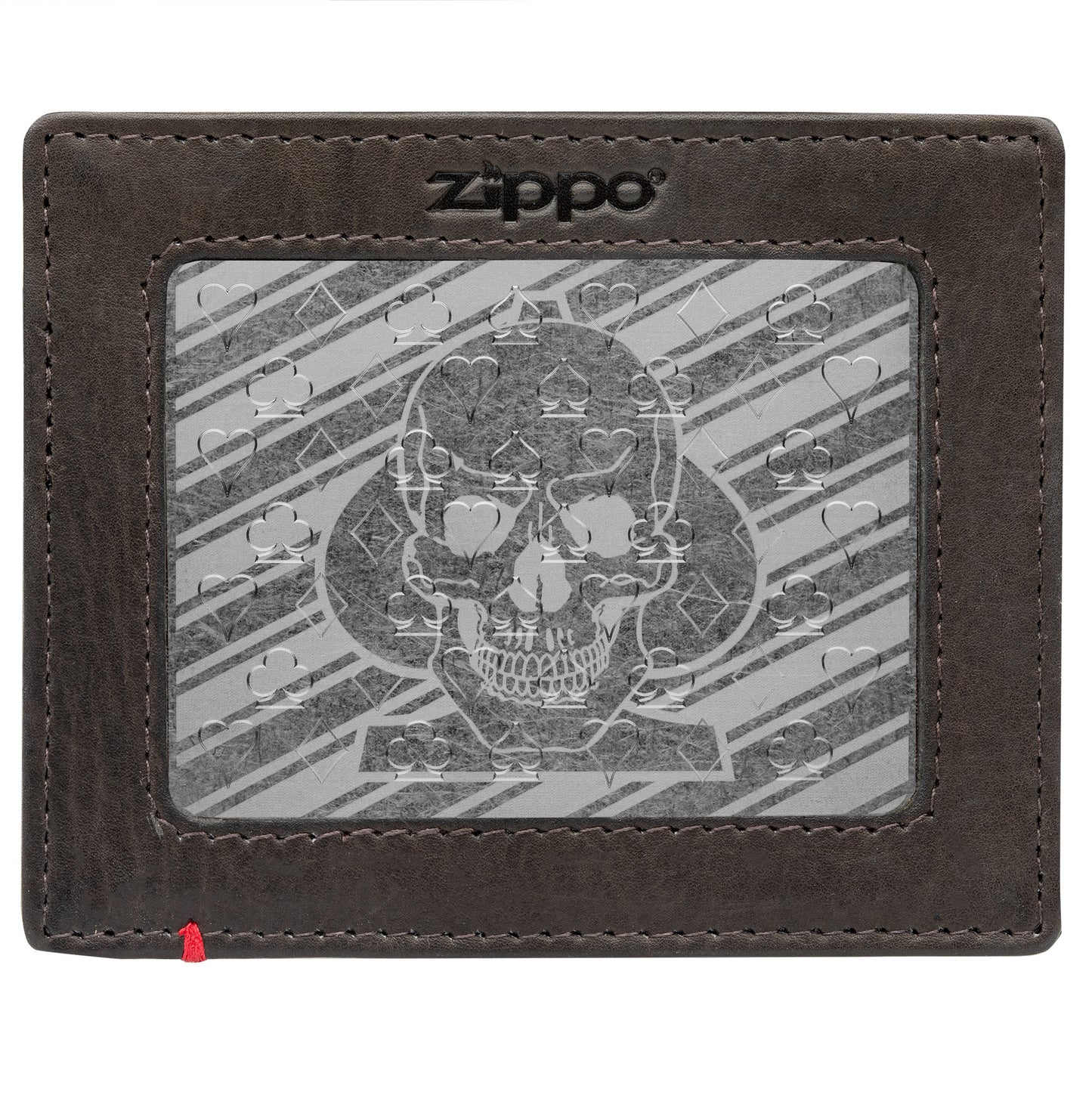 Front of mocha Leather Wallet With Spade Skull Metal Plate - ID Window