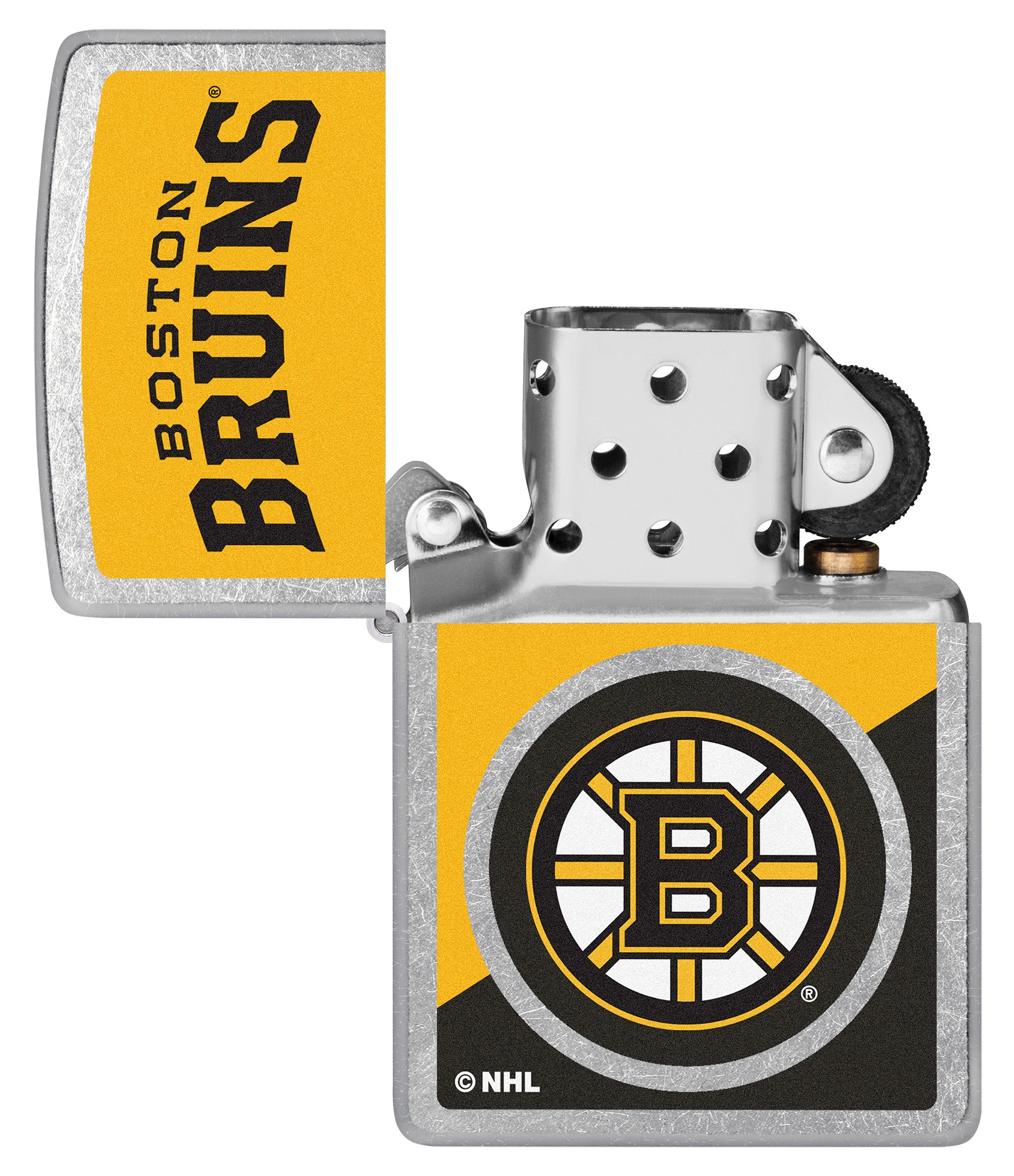 Zippo NHL® Boston Bruins® 2024 Street Chrome™ Windproof Lighter lit in hand.