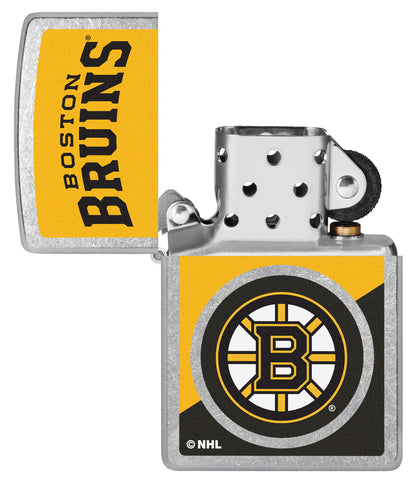 Zippo NHL® Boston Bruins® 2024 Street Chrome™ Windproof Lighter lit in hand.