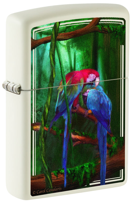 Front view of Zippo Carol Cavalaris Glow in the Dark Windproof Lighter standing at a 3/4 angle.