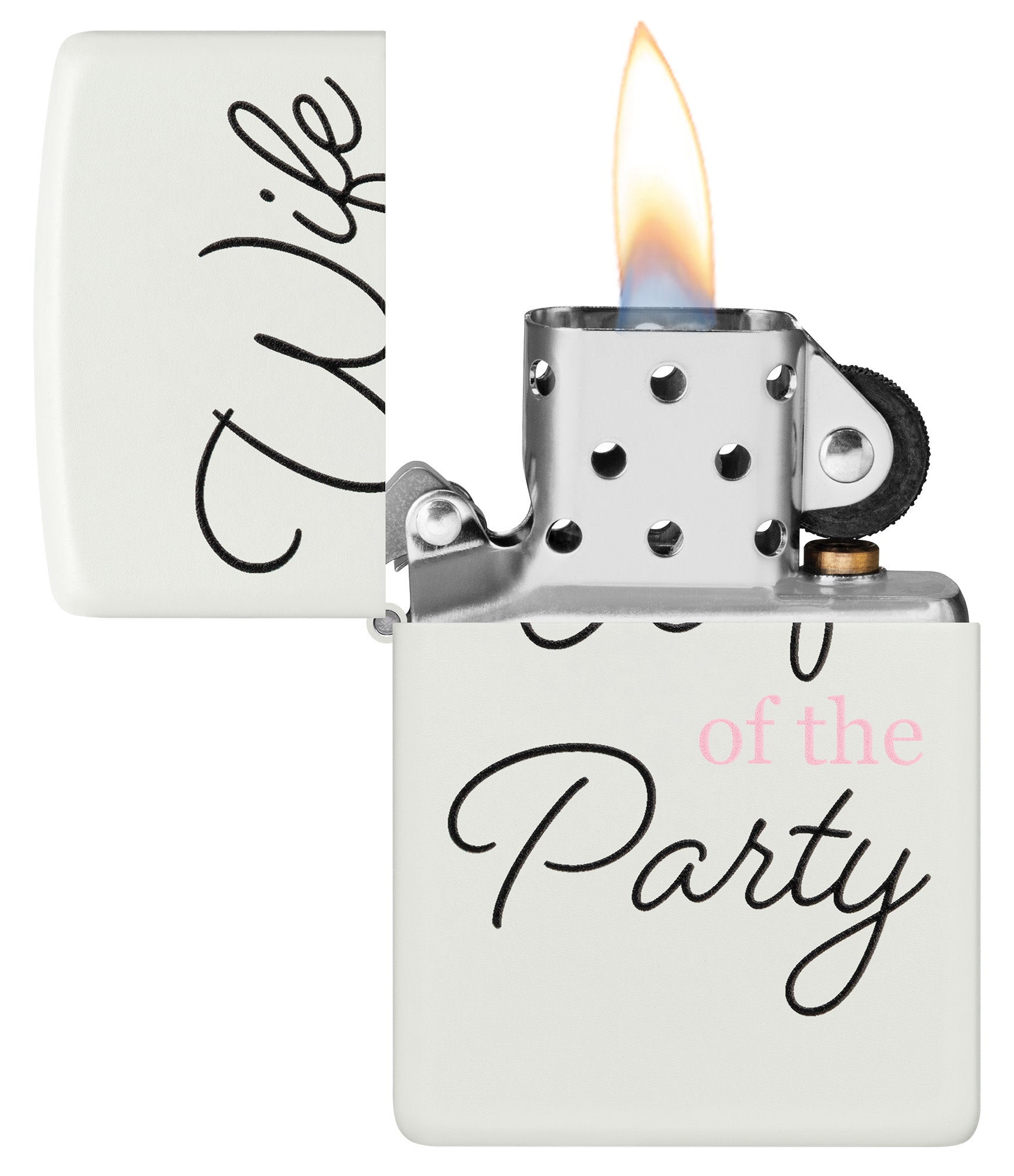 Wife of the Party Windproof Lighter with its lid open and lit
