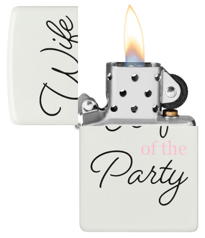 Wife of the Party Windproof Lighter with its lid open and lit