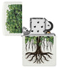 Zippo Tree Life Design White Matte Windproof Lighter with its lid open and unlit.