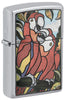 Front shot of Zippo Parrot Pals Design High Polish Chrome Windproof Lighter standing at a 3/4 angle.