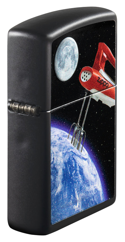 Angled shot of Zippo Earth Mix Design Texture Print Black Matte Windproof Lighter showing the front and hinge side of the lighter.