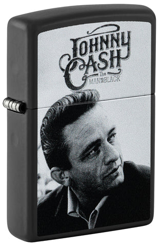 Front view of Zippo Johnny Cash Black Matte Windproof Lighter standing at a 3/4 angle.