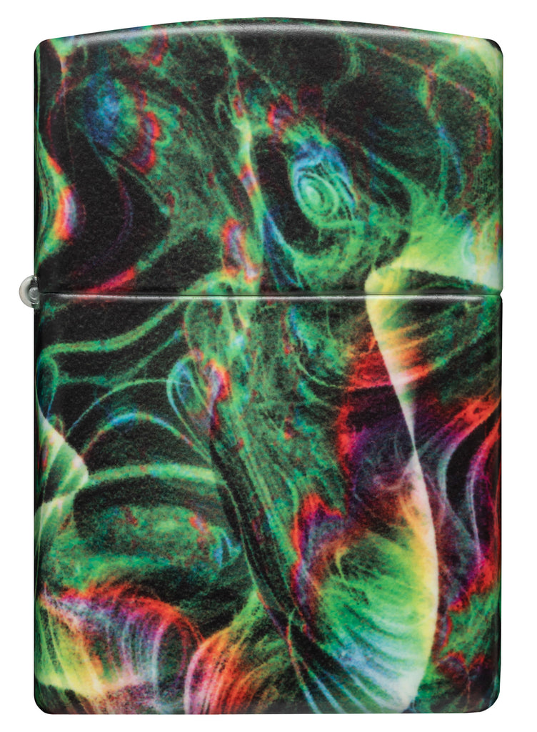 Front shot of Zippo Psychedelic Swirl Design Glow in the Dark Green Matte Windproof Lighter.