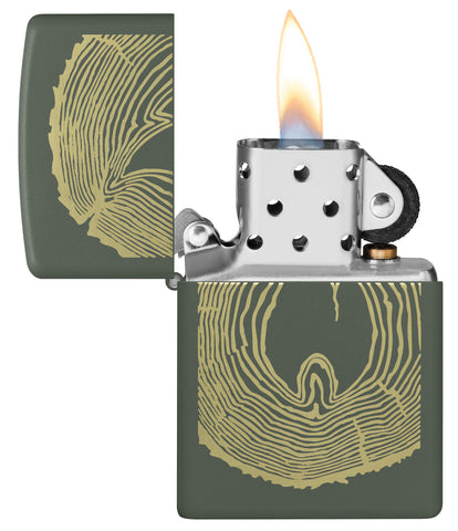 Zippo Wood Ring Design Green Matte Windproof Lighter with its lid open and lit.
