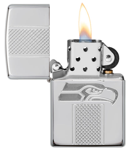 NFL Seattle Seahawks Deep Carve Collectible Windproof Lighter with its lid open and lit]