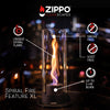 Lifestyle image of Zippo FlameScapes™ Spiral Fire Feature XL in black with product feature callouts