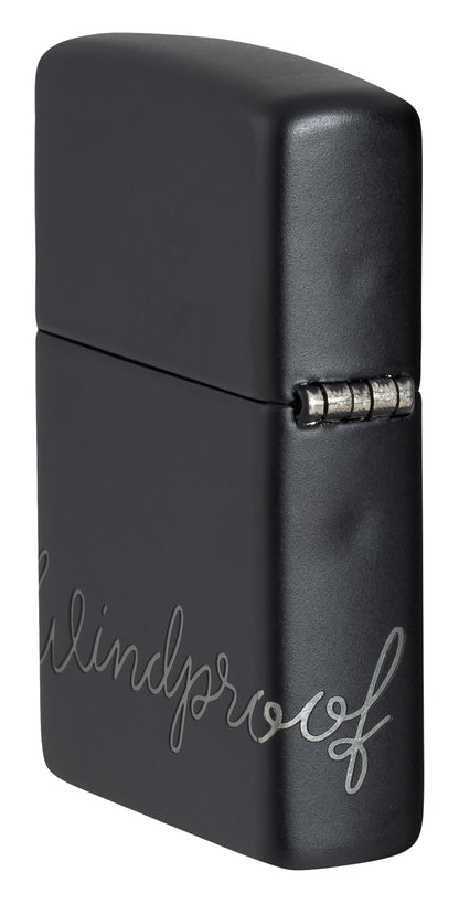 Angled shot of Zippo Design Black Matte with Chrome Windproof Lighter showing the back and hinge side of the lighter.