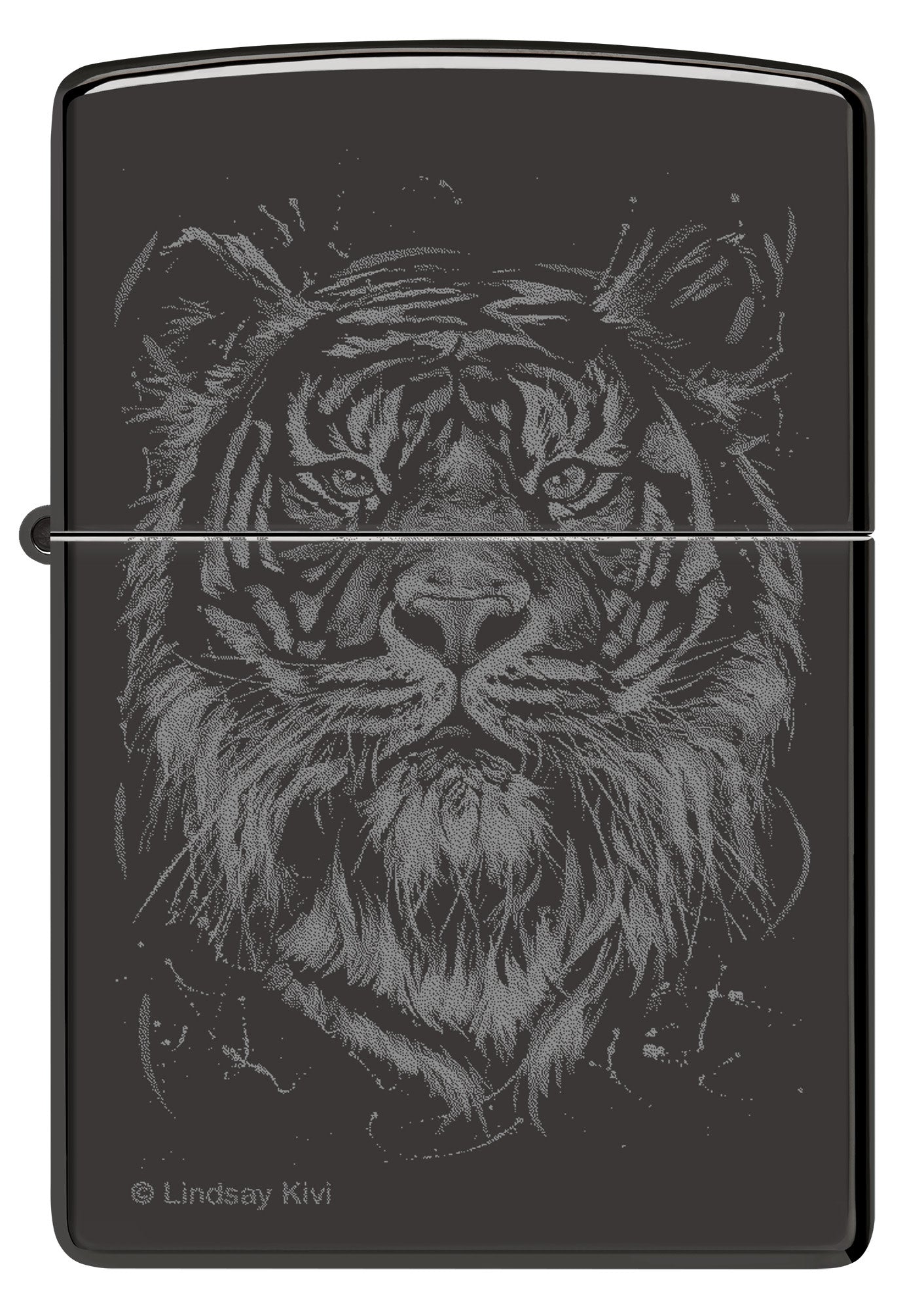 Front view of Zippo Lindsay Kivi High Polish Black Windproof Lighter.