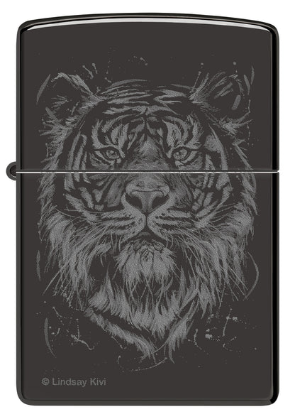 Front view of Zippo Lindsay Kivi High Polish Black Windproof Lighter.