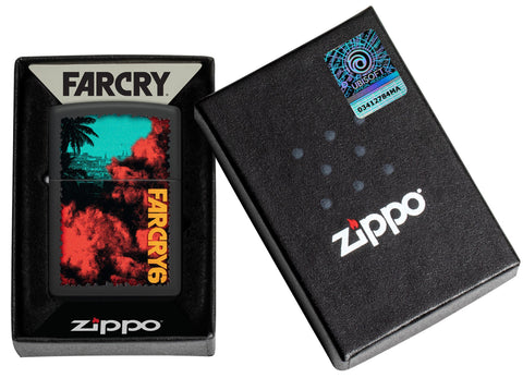 Zippo Far Cry Design Black Matte Windproof Lighter in its packaging.