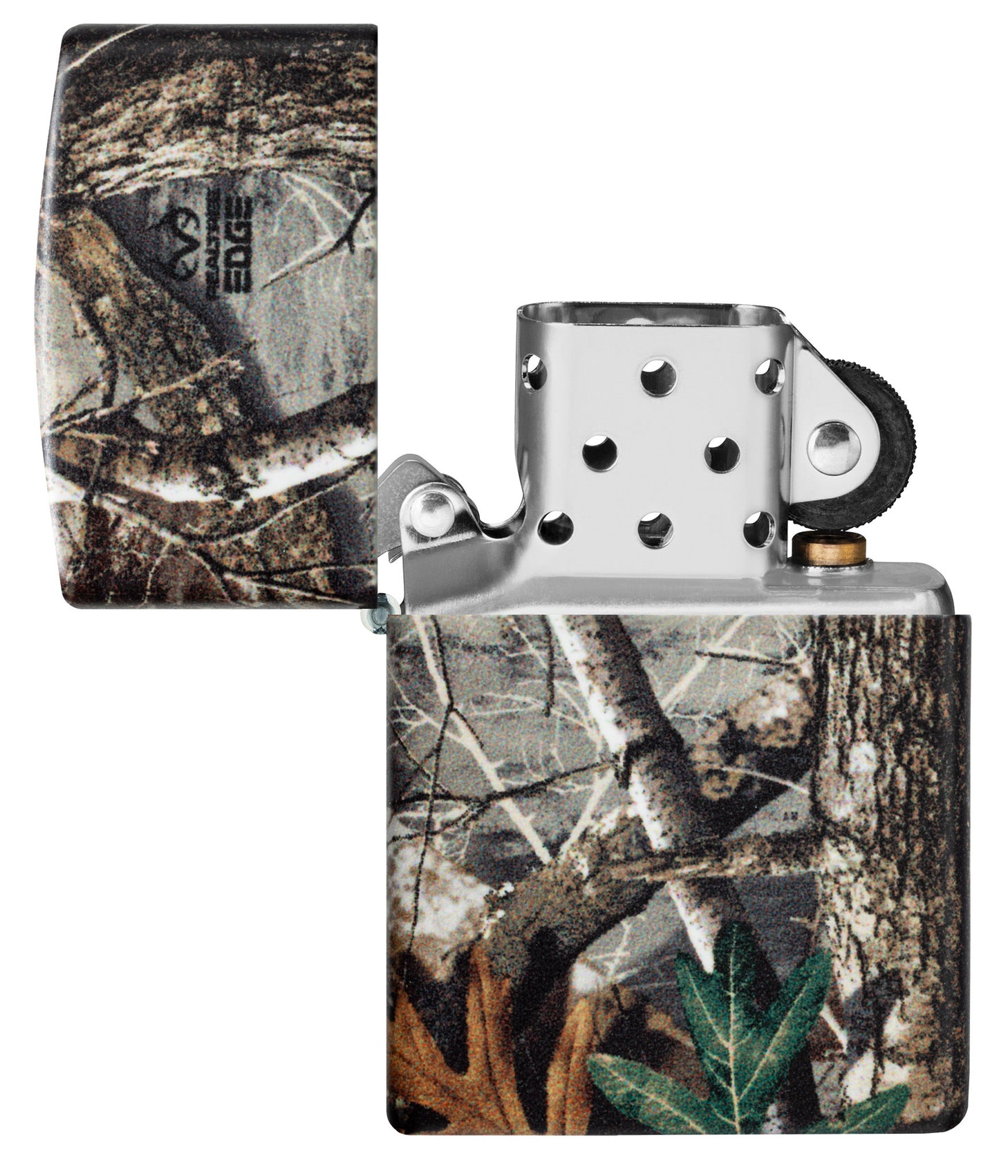 Zippo RealtreeÂ® EDGEâ„¢ Camo Design 540 Matte Windproof Lighter with its lid open and unlit.