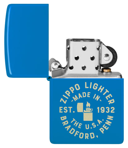 Zippo Seal Design Sky Blue Matte Windproof Lighter with its lid open and unlit.