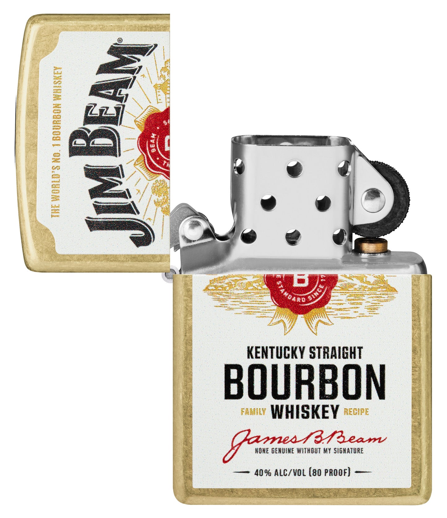 Zippo Jim BeamÂ® Label Design Regular Street Brass Windproof Lighter with its lid open and unlit.