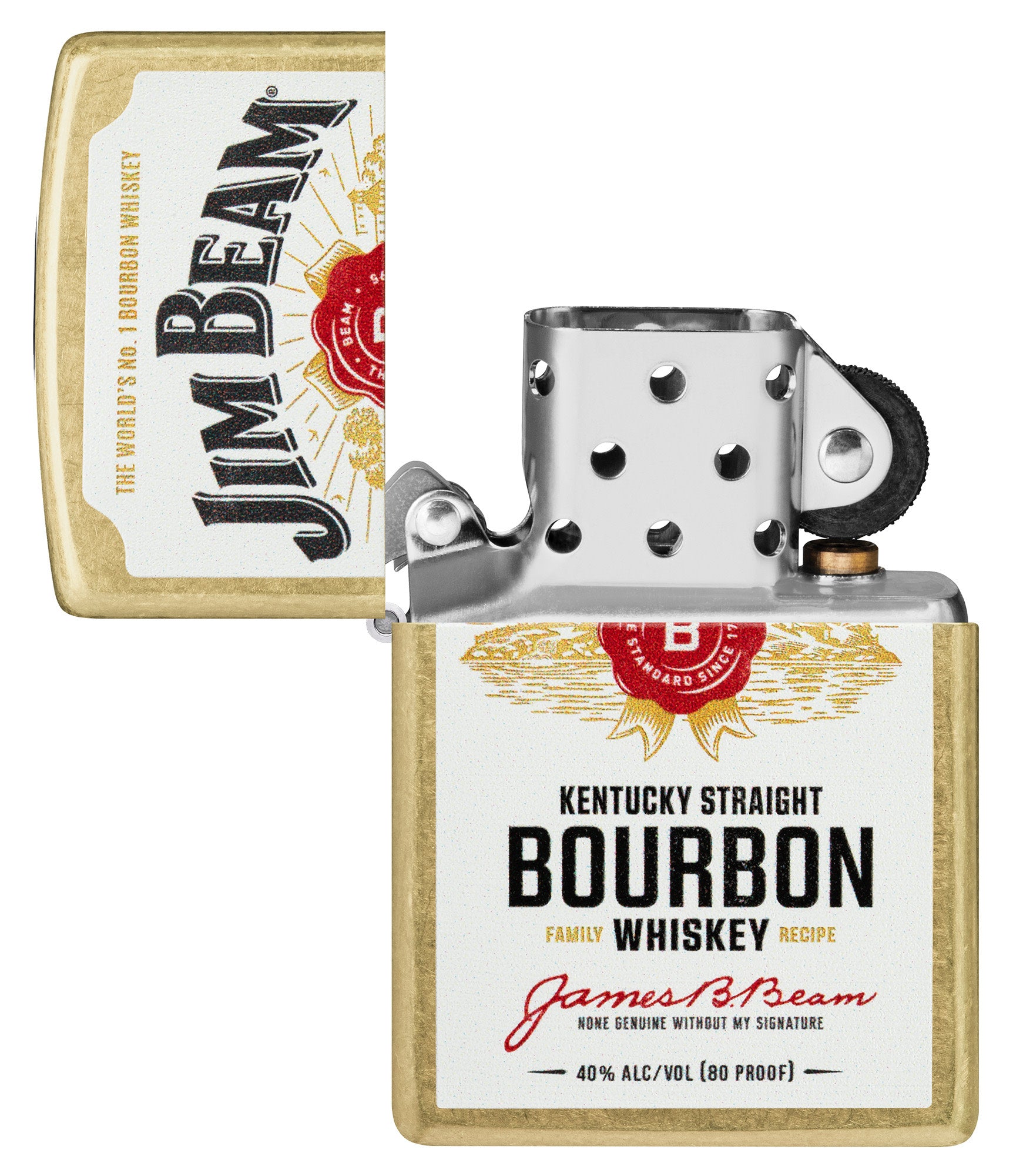 Zippo Jim BeamÂ® Label Design Regular Street Brass Windproof Lighter with its lid open and unlit.
