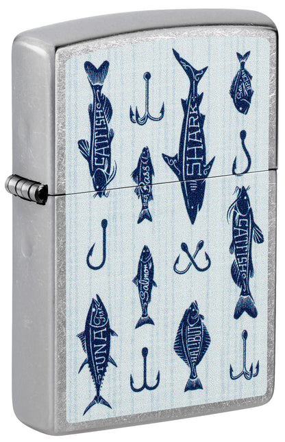 Front shot of Zippo Off the Hook Design Street Chrome Windproof Lighter standing at a 3/4 angle.