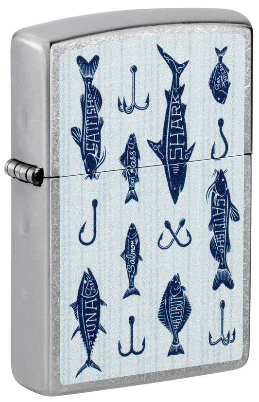 Front shot of Zippo Off the Hook Design Street Chrome Windproof Lighter standing at a 3/4 angle.