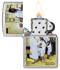 Zippo Norman Rockwell Astronaut Street Chrome Windproof Lighter with its lid open and lit.
