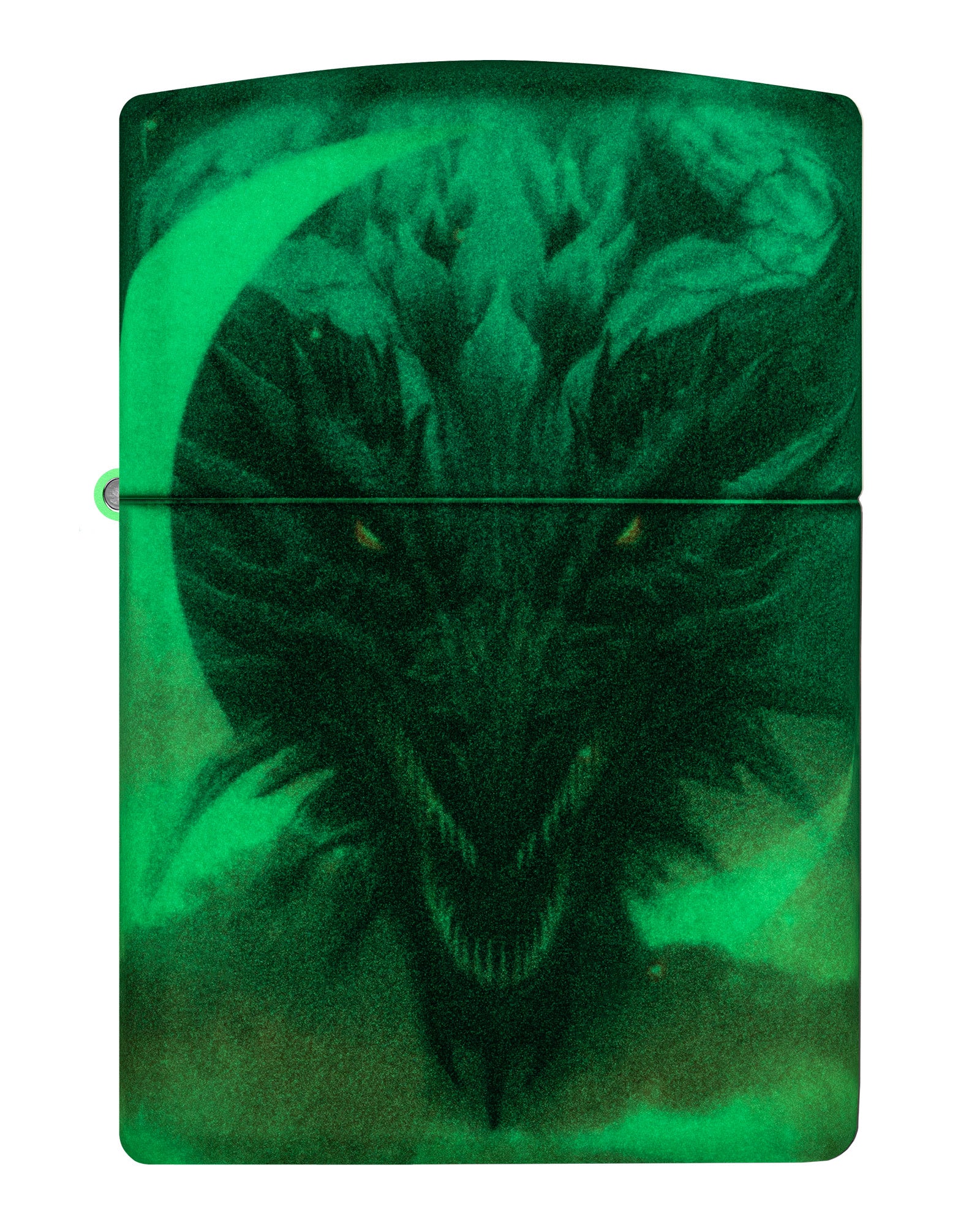 Front view of Zippo Dragon Design Glow in the Dark Green Matte Windproof Lighter glowing in the dark.