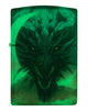 Front view of Zippo Dragon Design Glow in the Dark Green Matte Windproof Lighter glowing in the dark.