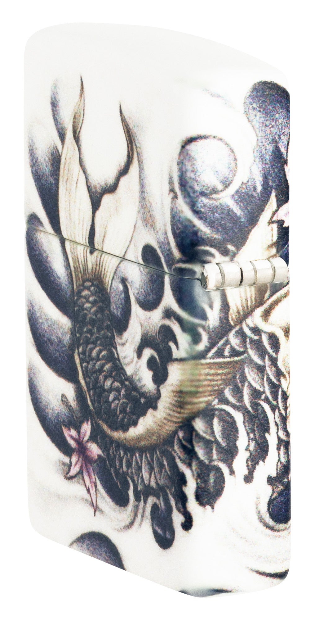 Koi Fish 540 Color Windproof Lighter standing at an angle, showing the back and hinge side of the lighter.