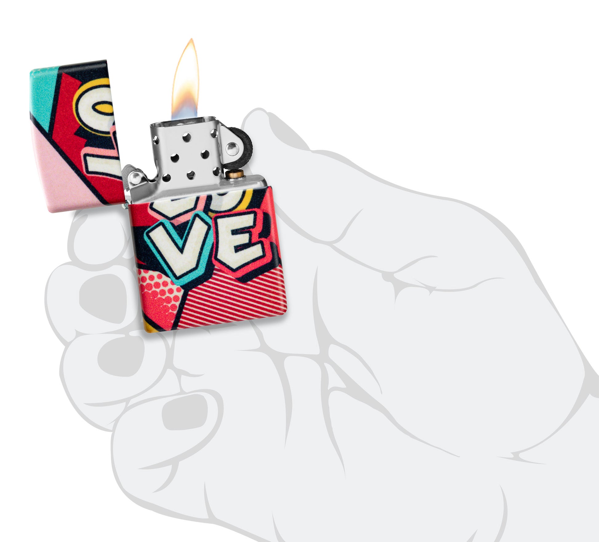 Zippo Love Design 540 Matte Windproof Lighter lit in hand.