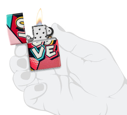 Zippo Love Design 540 Matte Windproof Lighter lit in hand.