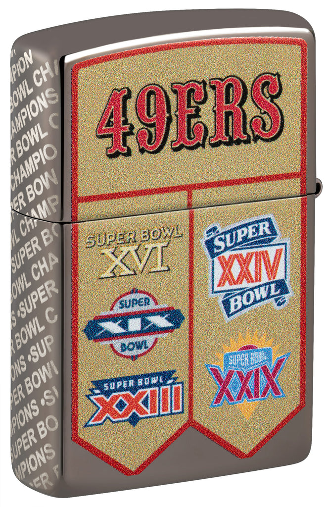 Back shot of Zippo NFL San Francisco 49ers Super Bowl Commemorative Armor Black Ice Windproof Lighter standing at a 3/4 angle.