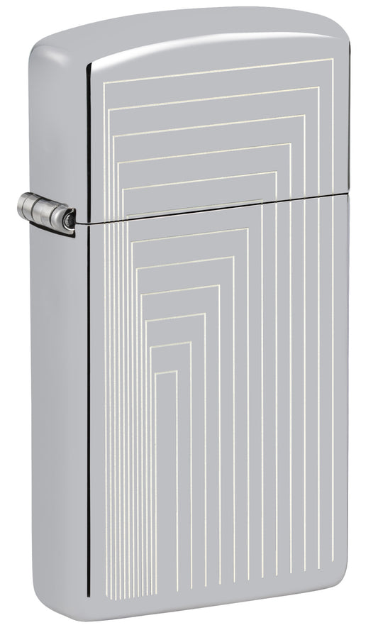 Front shot of Zippo SlimÂ® Laser Pattern Design High Polish Chrome Windproof Lighter standing at a 3/4 angle.