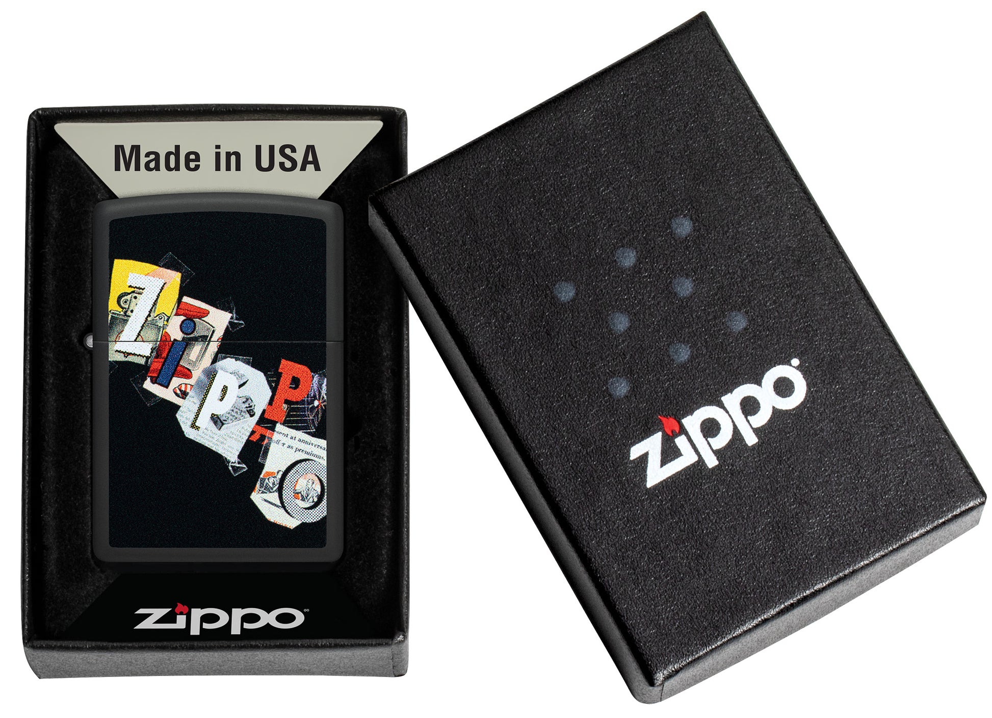 Zippo Cut and Paste Design Black Matte Windproof Lighter in its packaging.