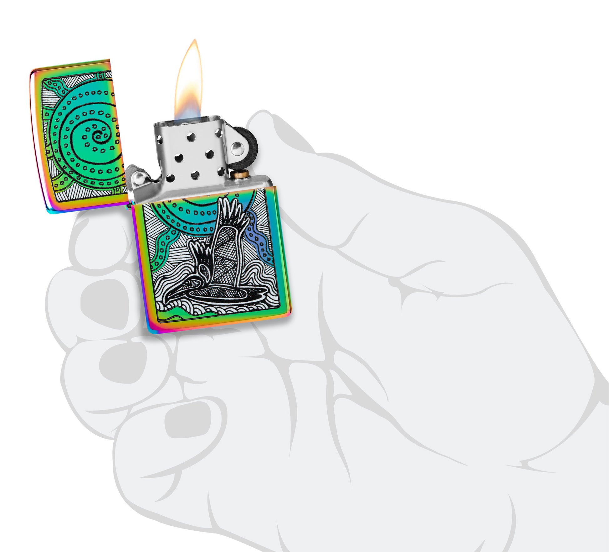 Zippo John Smith Gumbula Multi-Color Windproof Lighter lit in hand.