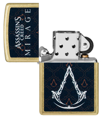 Zippo Assassins Creed® Mirage Reg Street Brass Windproof Lighter with its lid open and unlit.