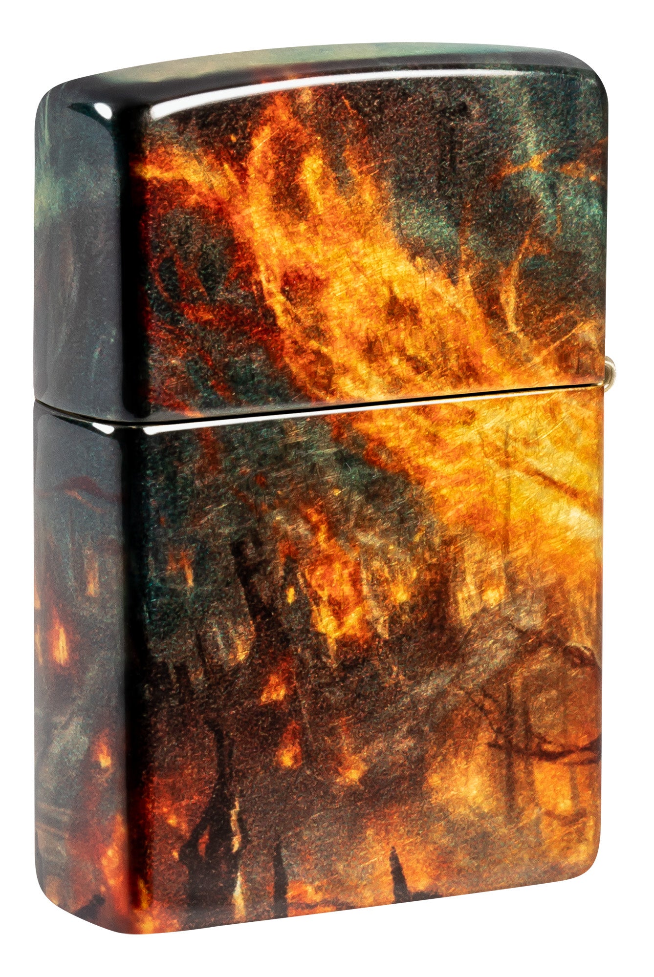 Back shot of Zippo Fire Mage Design 540 Tumbled Brass Windproof Lighter standing at a 3/4 angle.