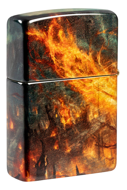 Back shot of Zippo Fire Mage Design 540 Tumbled Brass Windproof Lighter standing at a 3/4 angle.