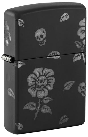Front view of Zippo Flower Skulls Design Black Matte with Chrome Windproof Lighter standing at a 3/4 angle.