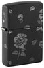 Front view of Zippo Flower Skulls Design Black Matte with Chrome Windproof Lighter standing at a 3/4 angle.