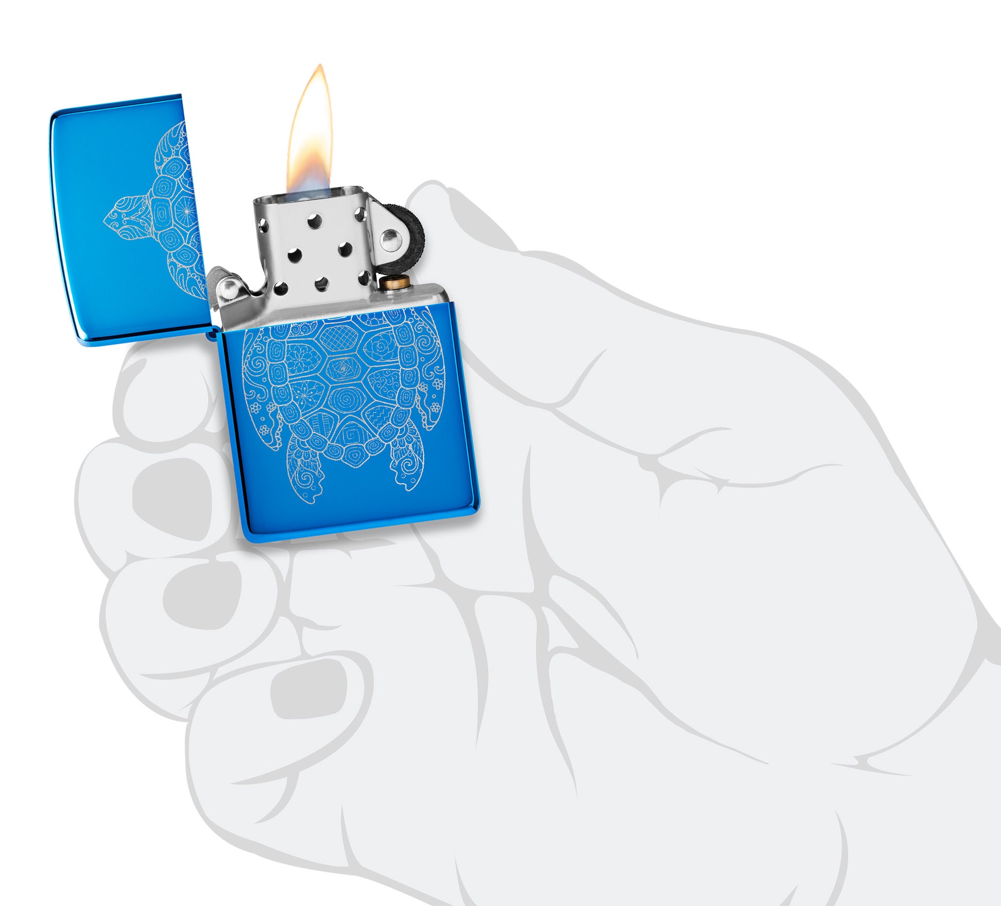 Zippo Zen Turtle Design High Polish Blue Windproof Lighter lit in hand.