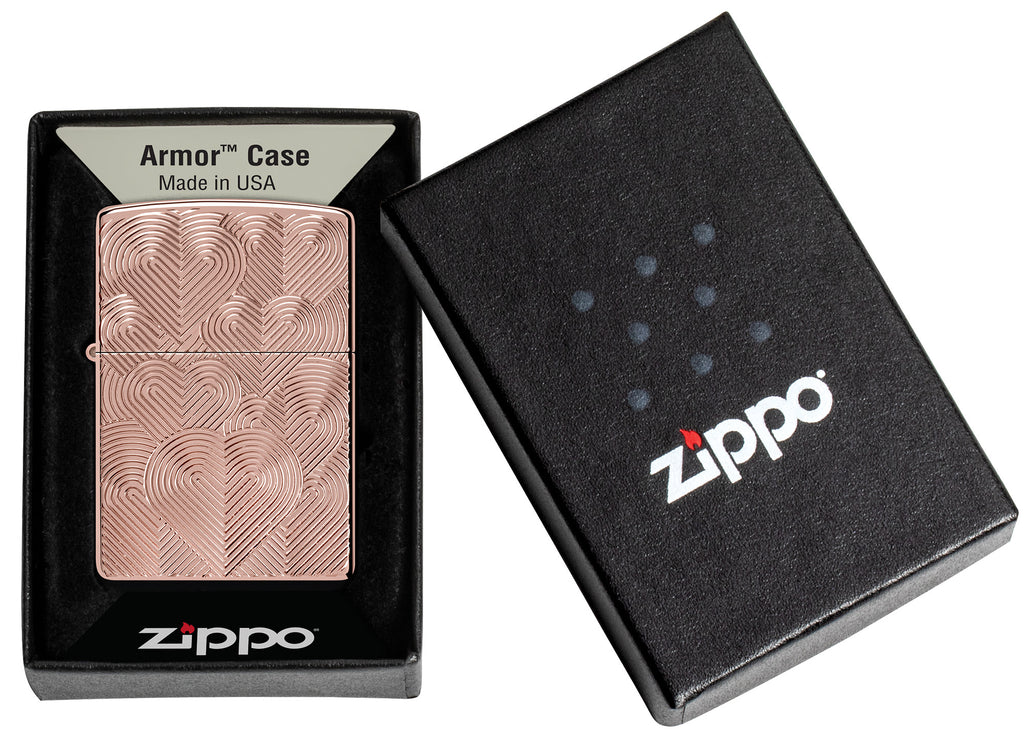 Zippo Hearts Armor High Polish Rose Gold Windproof Lighter in its packaging.