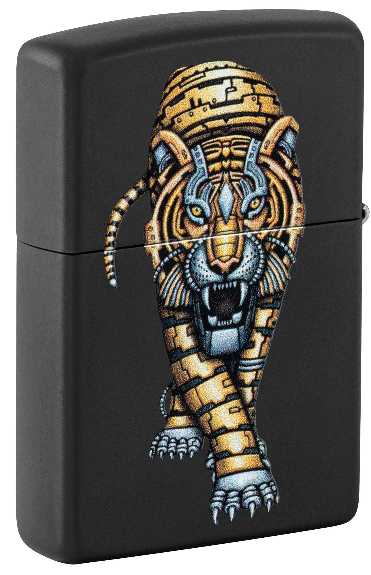 Back shot of Zippo Bionic Tiger Design Black Matte Windproof Lighter standing at a 3/4 angle.